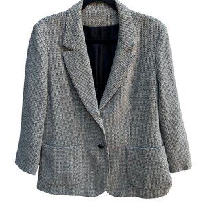 Vintage 80s Gray Herringbone Womens L Blazer Jacket‎ Wool Tweed Leather Buttons